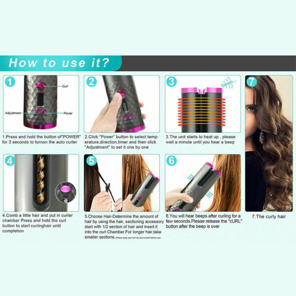 LCD Display Cordless Automatic Rotating Hair Curler, USB Rechargeable, Fast Curling with Safe Comb - Image 7