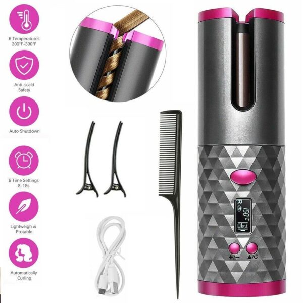 LCD Display Cordless Automatic Rotating Hair Curler, USB Rechargeable, Fast Curling with Safe Comb